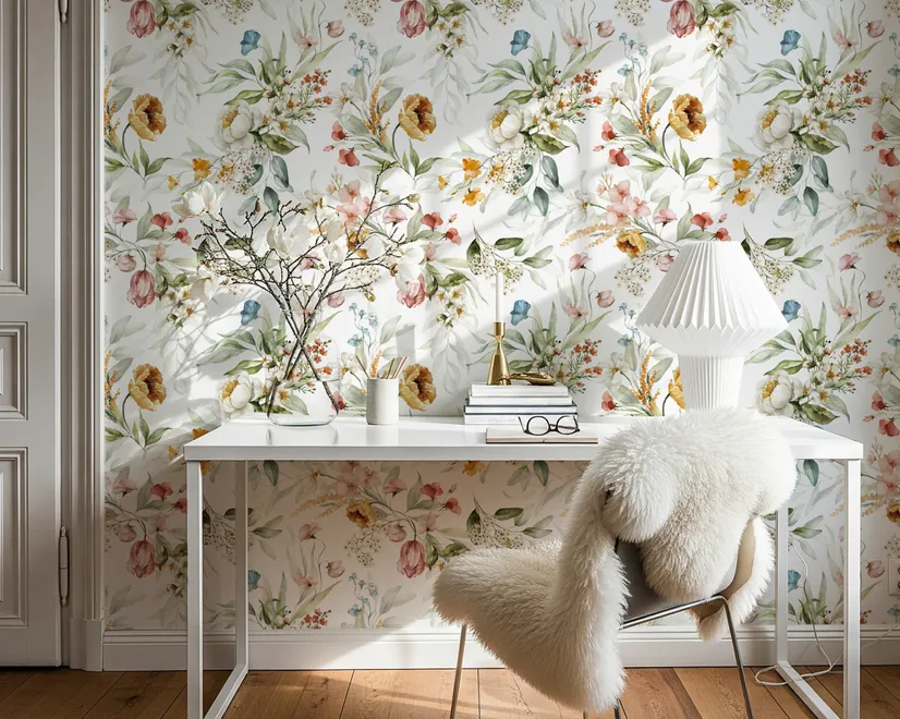 Watercolour floral wallpaper with sage leaves, blush and ochre flowers on a white ground
