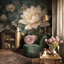 Ivory lotus flowers and seed pods on charcoal teal lily pads in a botanical lotus wallpaper mural