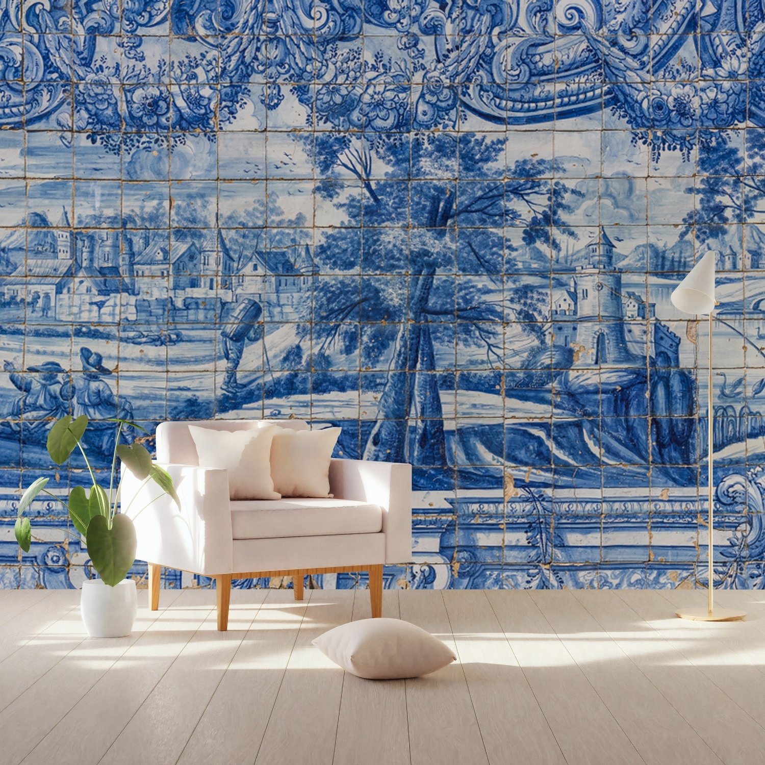 Blue Chinoiserie with Brush Tile Pattern Wallpaper Mural - Peel and Stick
