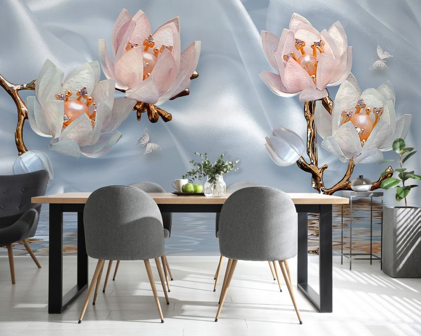 Pearl Lotus Flower and Little Butterfly Wallpaper Mural