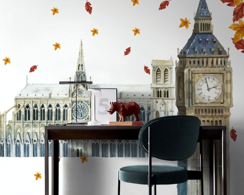 London Big Ben and Westminster with Autumn Leaves Wall Decal Sticker