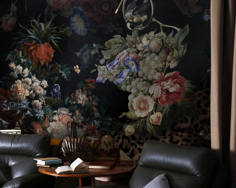 Dark Dutch Floral Bouquet with Birds Wallpaper Mural