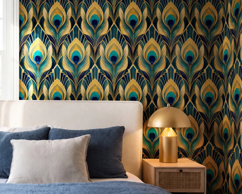 Art Deco feathers wallpaper with turquoise peacock eyes, gold plumes and navy teal ground
