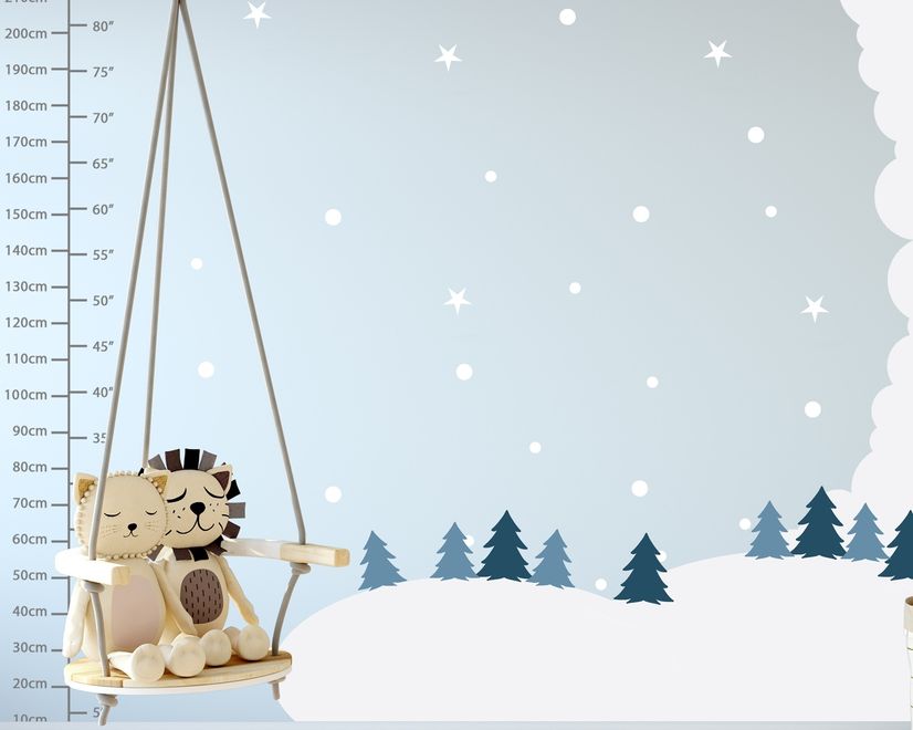 Kids White Winter Landscape with Green Pine Tree Wall Decal Sticker