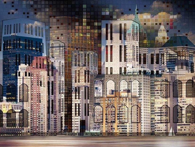 Dark Mosaic City Landscape Wallpaper Mural