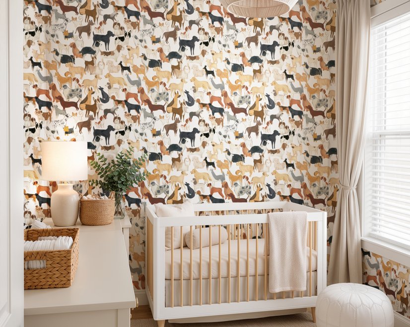 Zoomie kids wallpaper with painted dog breeds in tan, brown, black and grey on white