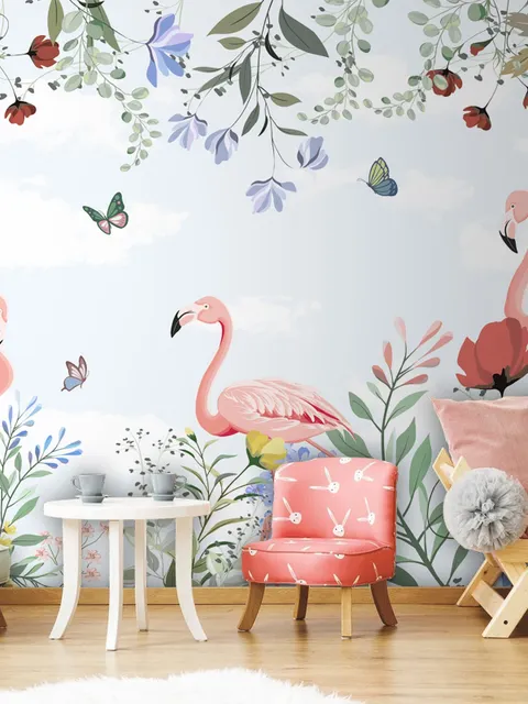 Flamingo with Colorful Floral Wallpaper Mural