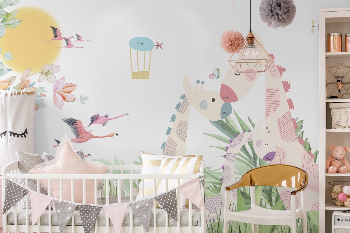 Nursery Tropical Landscape with Cute Girrafes Wallpaper Mural - Peel and Stick
