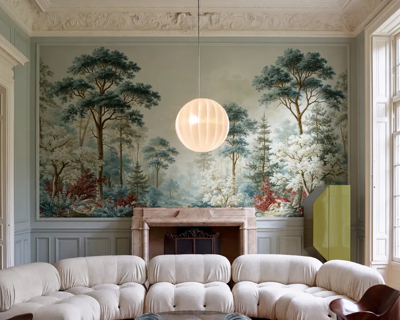 Vintage forest wallpaper mural with blue-grey trees, ivory blossom, red plants and toadstools around a misty path