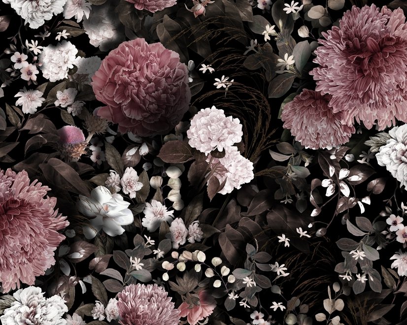 Papier peint panoramique floral foncé avec chrysanthème rose