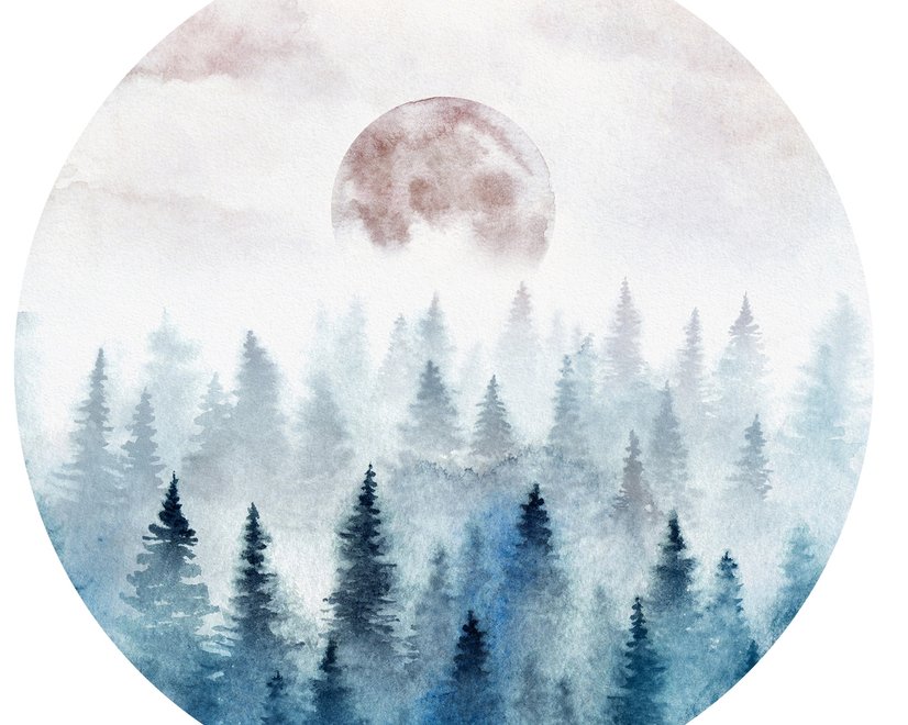 Nebliger Wald mit aufgehender Mond Landschaft Kreis Wandtattoo