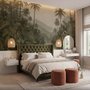 Misty tropical forest wallpaper with palms, pale river and hazy hills in muted green sepia