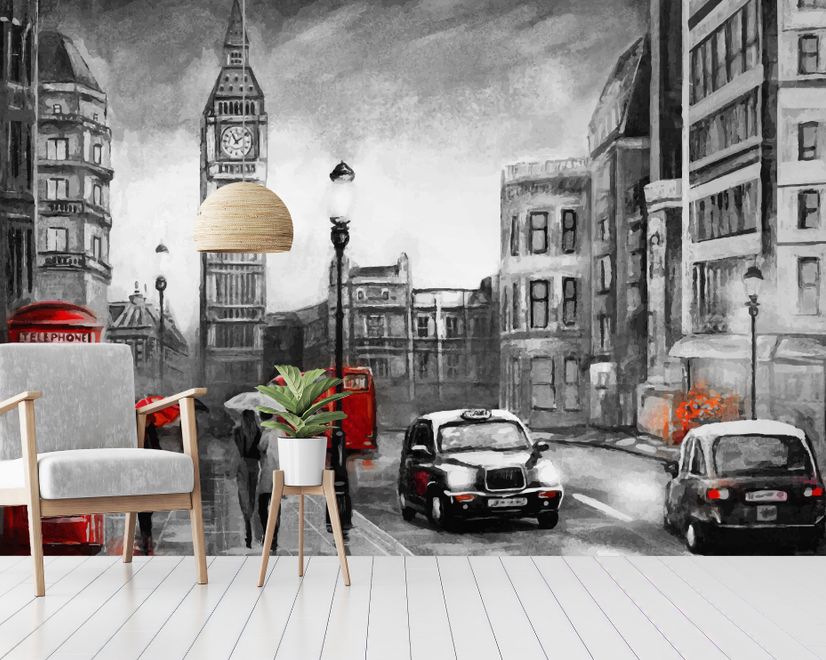 Monochrome Charcoal City Landscape and Red Bus Wallpaper Mural