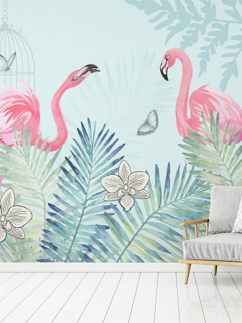 Vintage Pink Flamingo with Tropical Leaves Wallpaper Mural