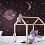 Colorful Space with Cute Little Girl on the Saturn Rings and Pink Moon Wall Decal Sticker