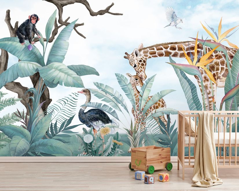 Kids Safari Animals with Fresh Tropical Leaves Wallpaper Mural
