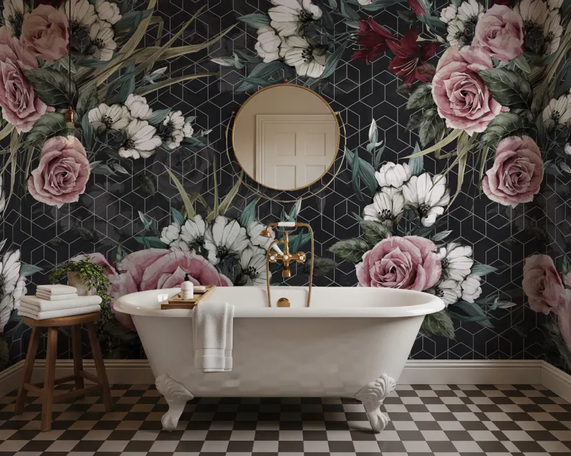 Colorful Floral with Dark Geometric Pattern Wallpaper Mural