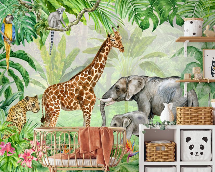 Kids Safari Watercolor Tropical  Forest Jungle Animals Wallpaper Mural