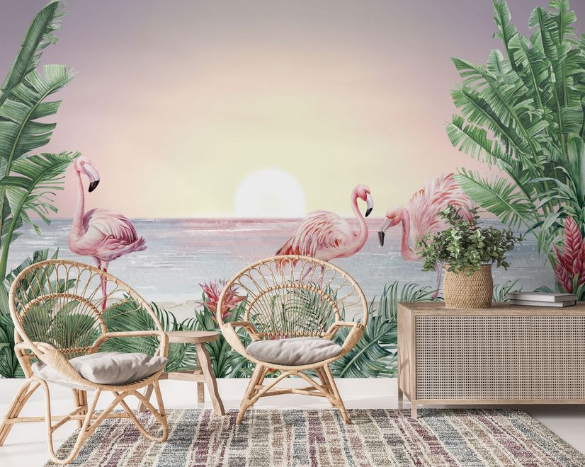 Papier peint paysage tropical flamants roses