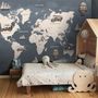 Kids Gray World Maps with Vintage Hot Air Balloon and Cars Wallpaper Mural