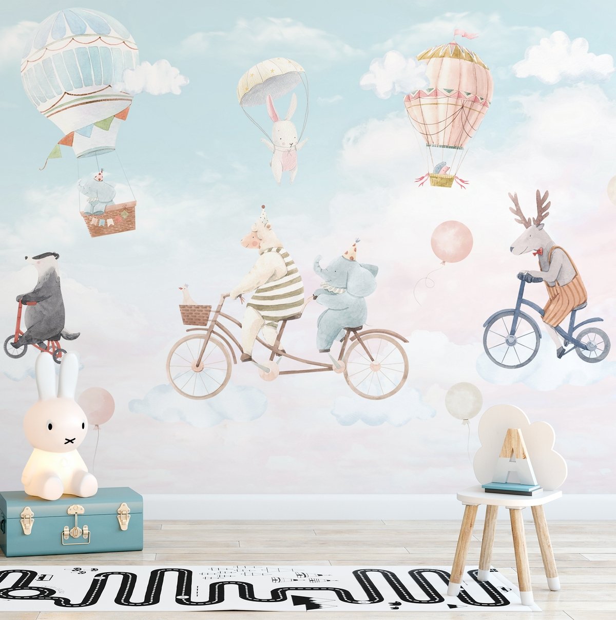 Watercolor Happy Animals in the Sky for Kids Wallpaper Mural - Peel and Stick