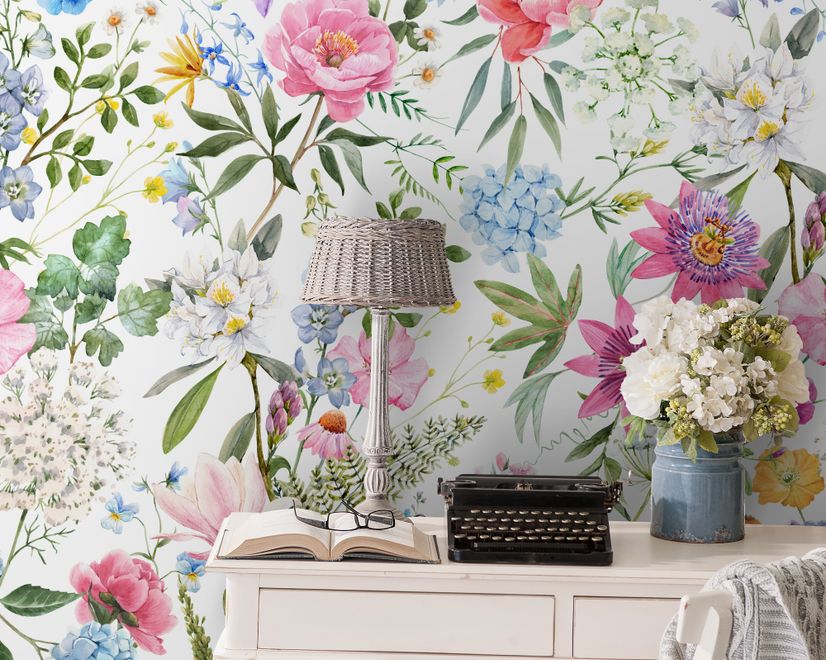 Bunte Frühlingsblumen Fototapete mit rosa Wildblumen