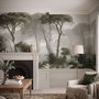 Forest in fog wallpaper with tall pine trees, grey mist, shrubs and a spiky palm in watercolour.