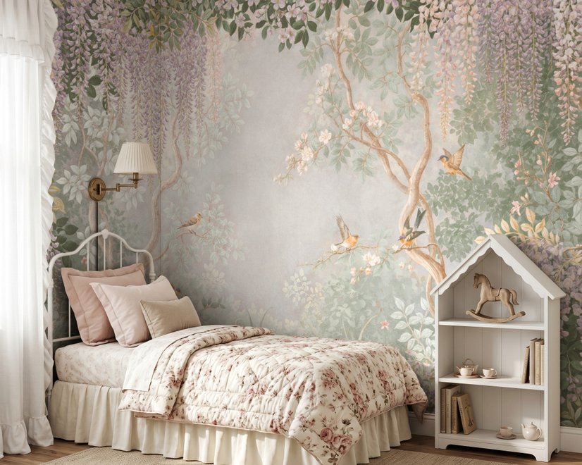 Watercolour nature wallpaper with lilac wisteria, pale trees, sage foliage and small songbirds around a misty clearing