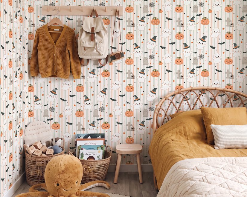 Cute autumn wallpaper with white ghosts, orange pumpkins, black bats and sage striped background