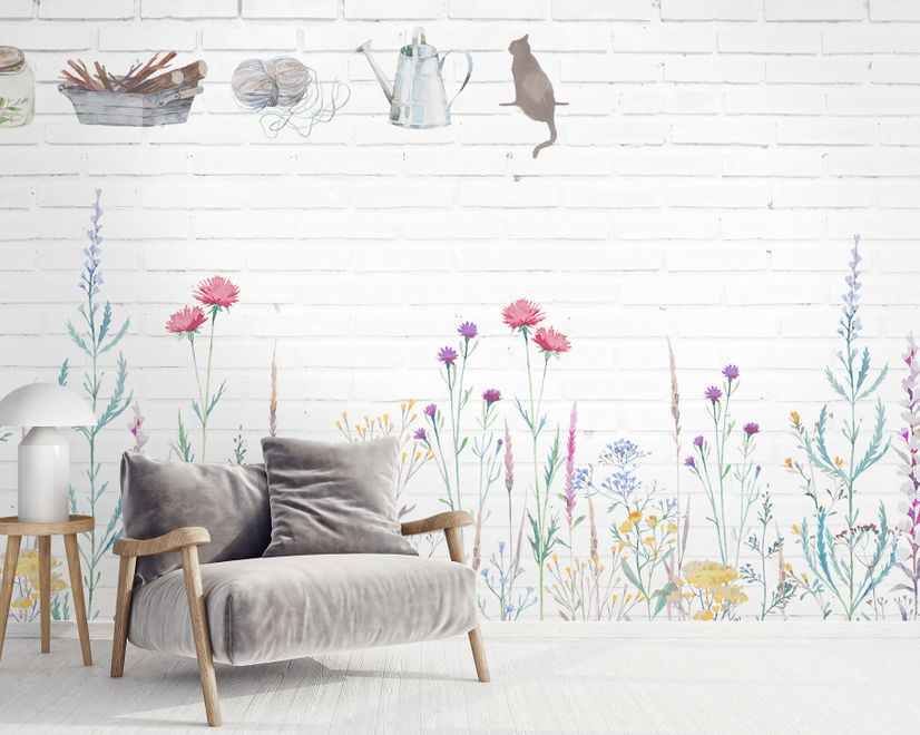 Watercolor Colorful Floral with White Brick Wall Wallpaper Mural