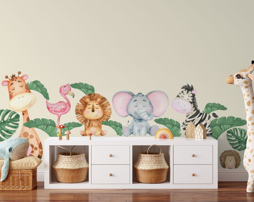 Kids Cute Forest Animal with Banana Leaves Wall Decal Sticker