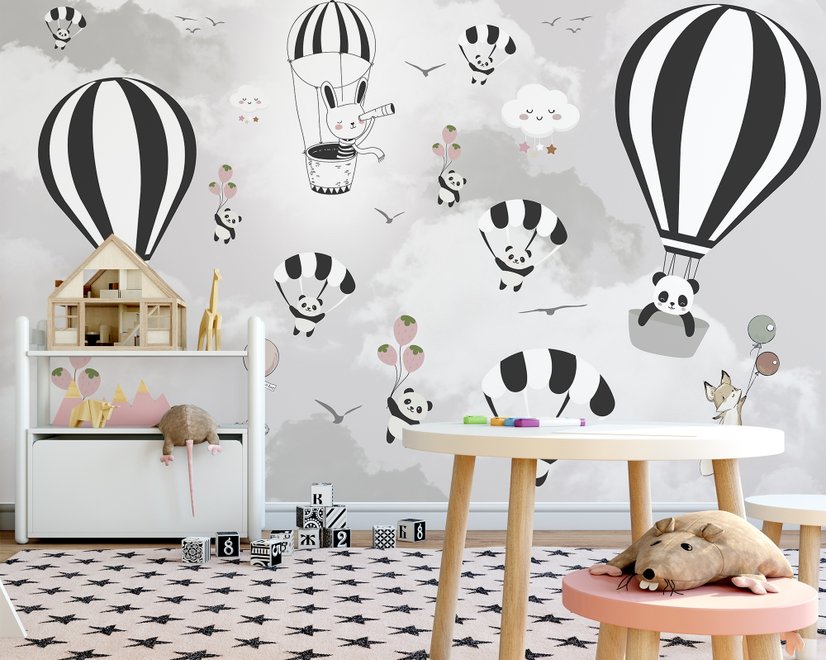 Heißluftballon mit Cartoon-Tieren Fototapete für das Kinderzimmer