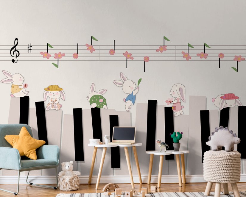 Cartoon Piano with Rabbits Wallpaper Mural