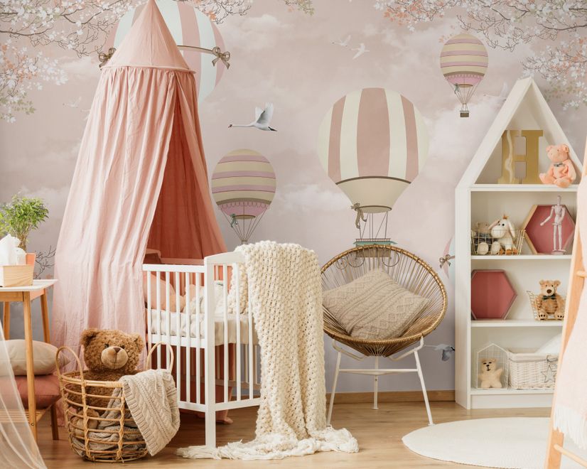 Papier peint montgolfière rose fleurs cerisier enfants