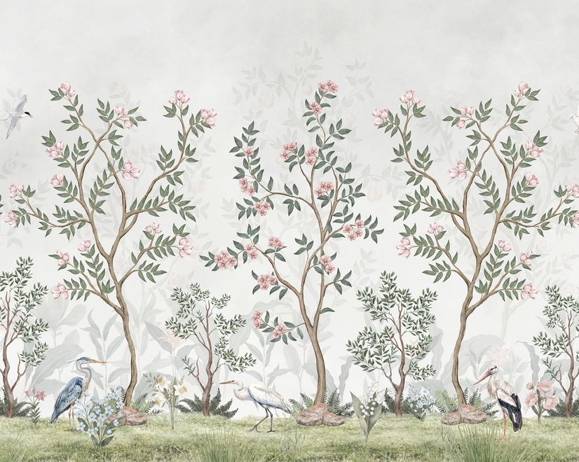 Chinoiserie Gartenbäume und Vögel Landschaft Fototapete