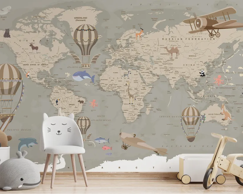 Kids Soft Brown Political World Map with Drawing Animals Wallpaper Mural