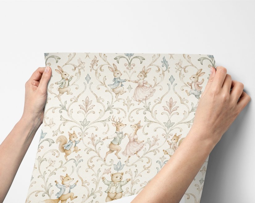 Cute rabbits wallpaper with woodland animals, white birds and acanthus scrolls on an ivory cream ground
