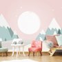 Papier peint panoramique pour enfants avec des ours mignons et un ciel rose