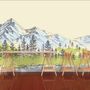 Charcoal Mountain Landscape with Lake and Pine Trees Wallpaper Mural