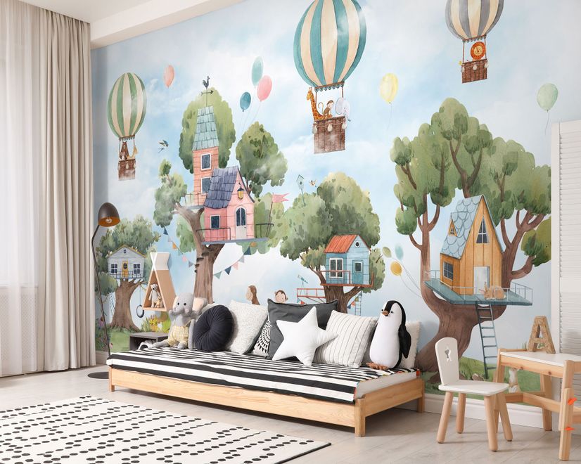 Cute Flying Animals with Treehouse for Kids Nursery Wallpaper Mural
