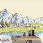 Fototapete mit Kohle-Berglandschaft, See und Kiefern