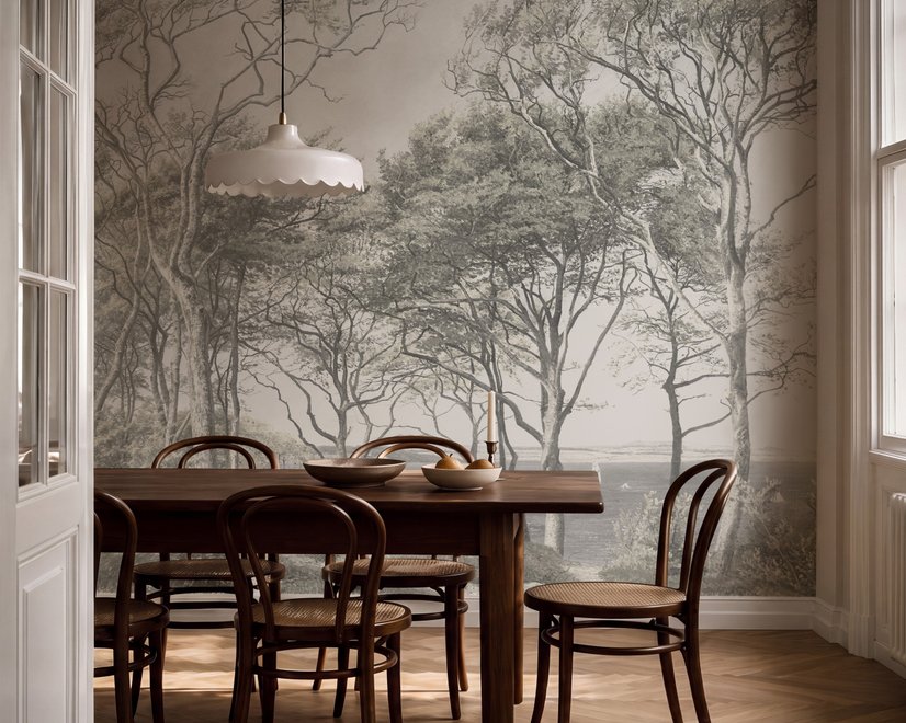 Coastal woodland wallpaper mural with grey trees, sandy path, sea horizon and small white sailboats