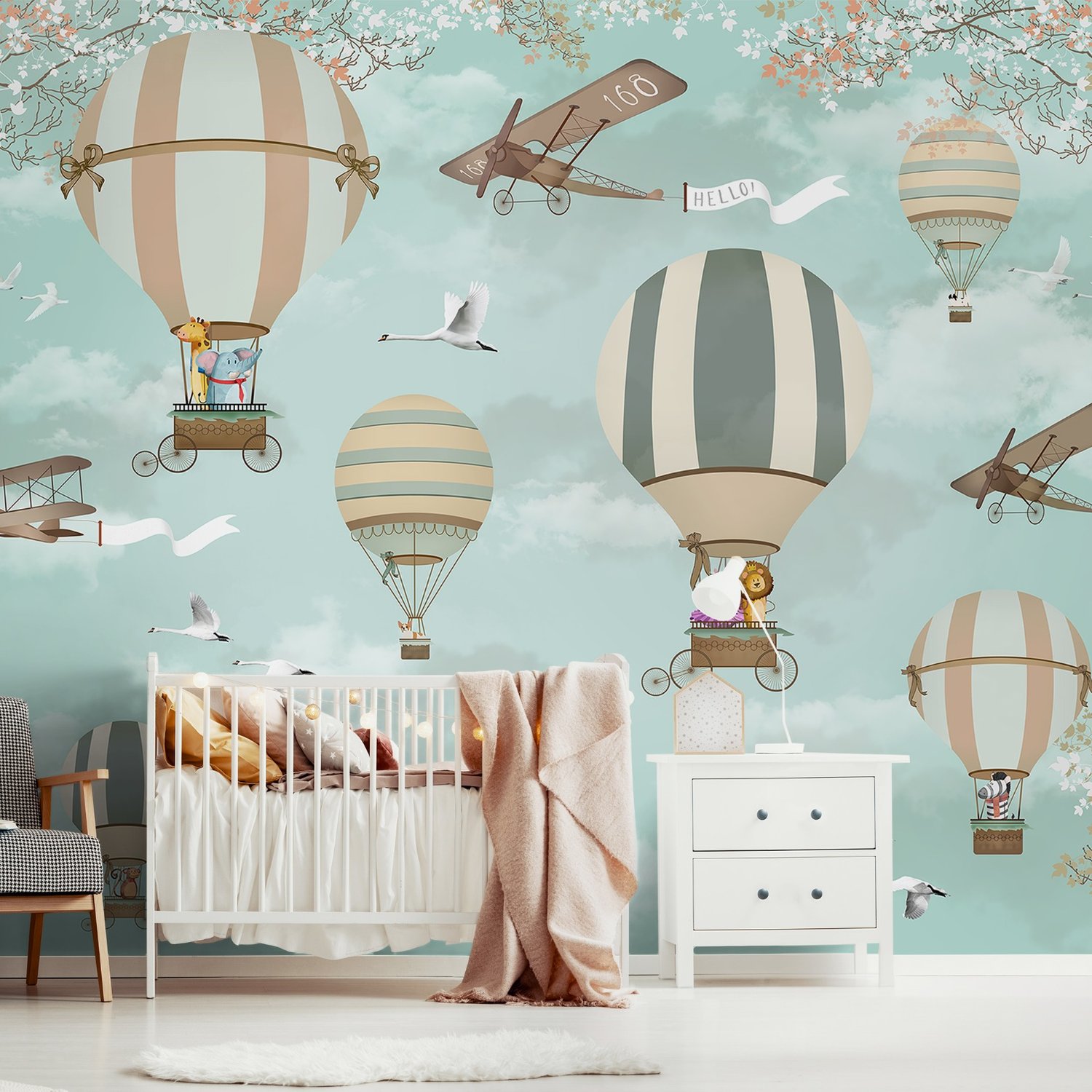 Hot Air Balloon with Animals Wallpaper Mural - Peel and Stick