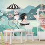 Süßes kleines Mädchen mit Katze und rosa Lotus Cartoon Fototapete für Mädchenzimmer