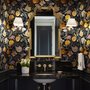 Japanese art wallpaper pattern with koi fish, gold peonies, mauve flowers and grey clouds on black