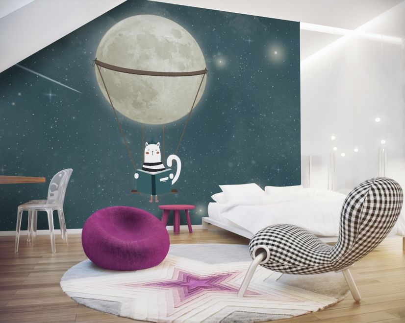 Swinging Cat with Shining Moon Children Wallpaper Mural