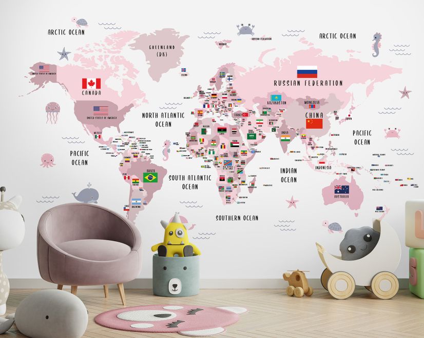 Kids Colorful World Map with Flags Map Wallpaper Mural