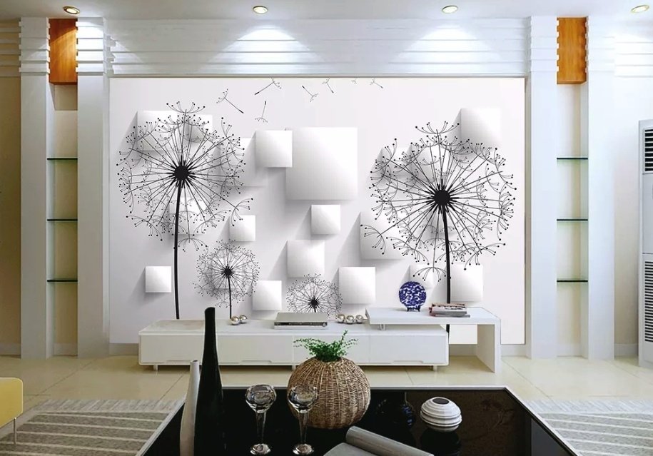 Monochrome Dandelion Floral Wallpaper Mural - Peel and Stick