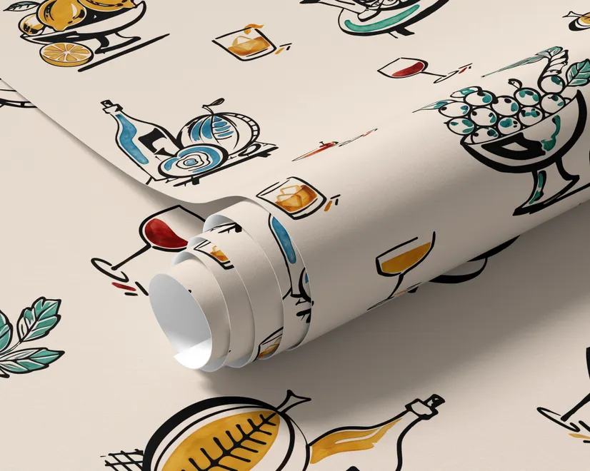 Bar area wallpaper with hand drawn cocktails, liquor bottles, citrus and fruit bowls on warm cream