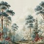 Vintage forest wallpaper mural with blue-grey trees, ivory blossom, red plants and toadstools around a misty path